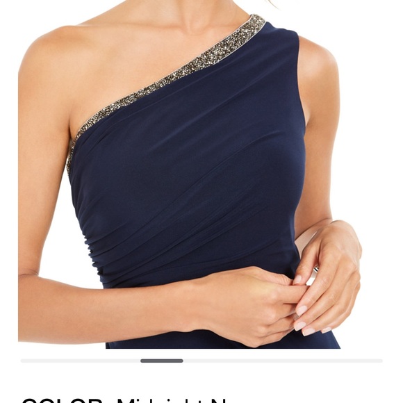 Adrianna Papell One Shoulder Jersey Gown side slit and rouchinh - Picture 4 of 6